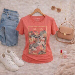 💙  GUESS Tropical Graphic Tee Coral Pink Organic Cotton Size M
